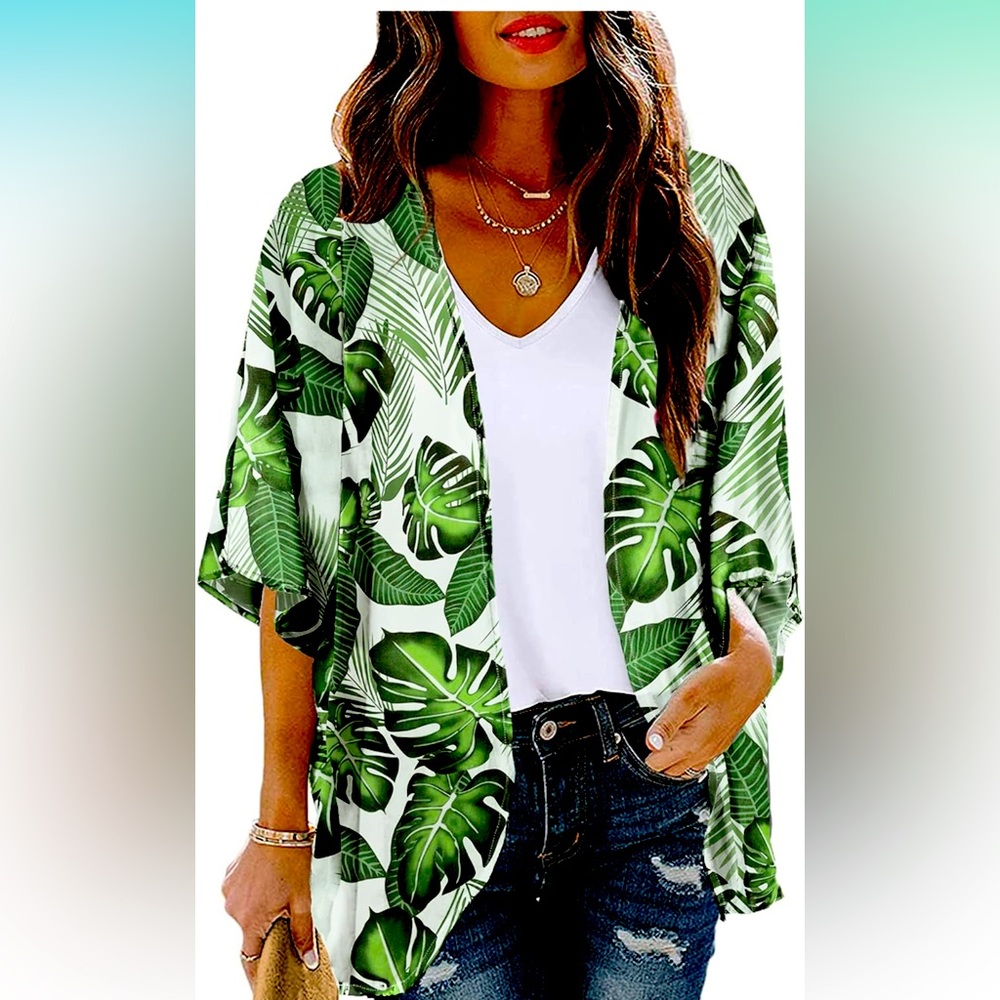 -Kimono Cardigan Short Sleeve Tropical Print